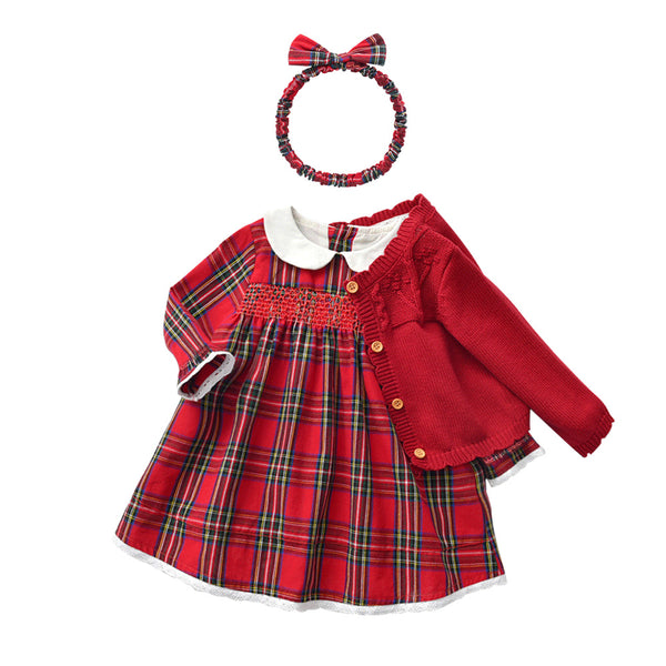 Girls' Dress Red Checked Dress Autumn