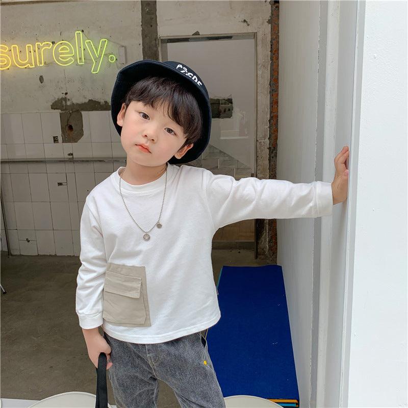 New Korean Version Of Children's Bottoming Shirt, Small And Medium-Sized Children's Big Pocket Round Neck Pullover Top