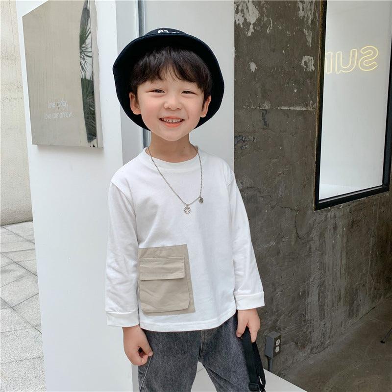 New Korean Version Of Children's Bottoming Shirt, Small And Medium-Sized Children's Big Pocket Round Neck Pullover Top