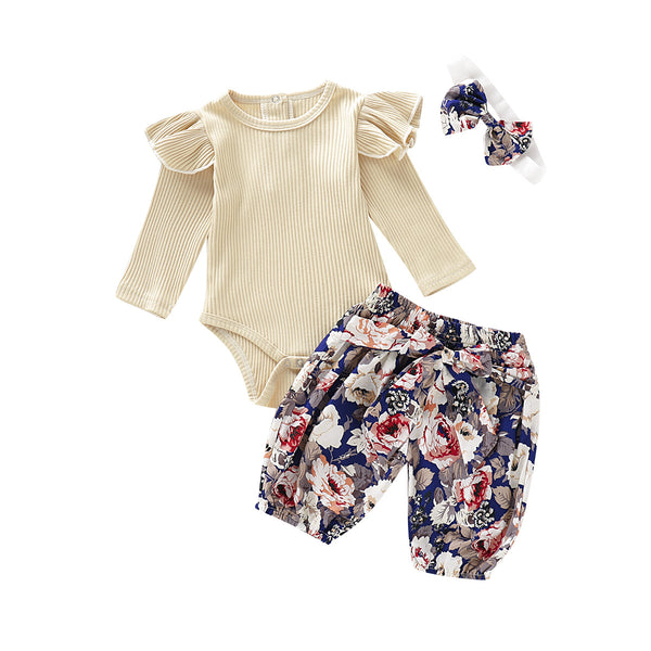 Cross-Border Children's Apricot Pit Strip Long-Sleeved Flower Printed Trousers Three-Piece Set