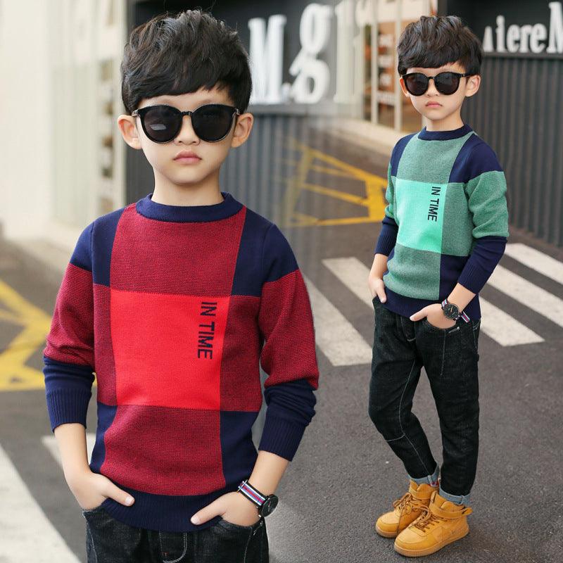 Boys' Casual Large Plaid Sweater, Medium And Large Children's Sweater