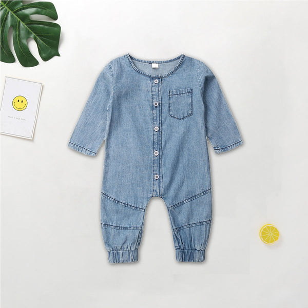 Denim Solid Color Stitching Long-sleeved Round Neck One-piece Romper
