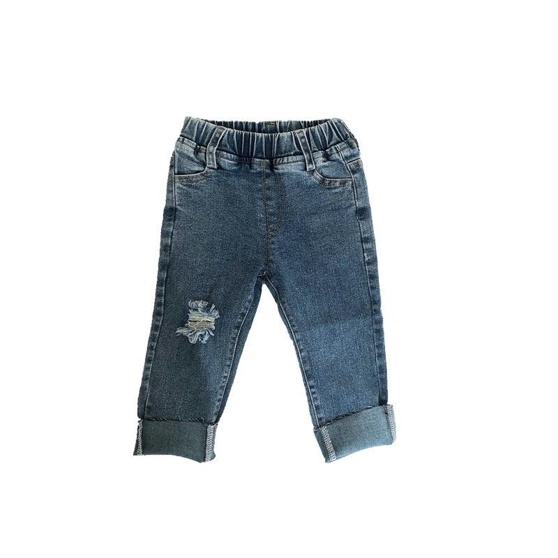 Boys Ripped Jeans Raw Edge Stretch Denim Trousers