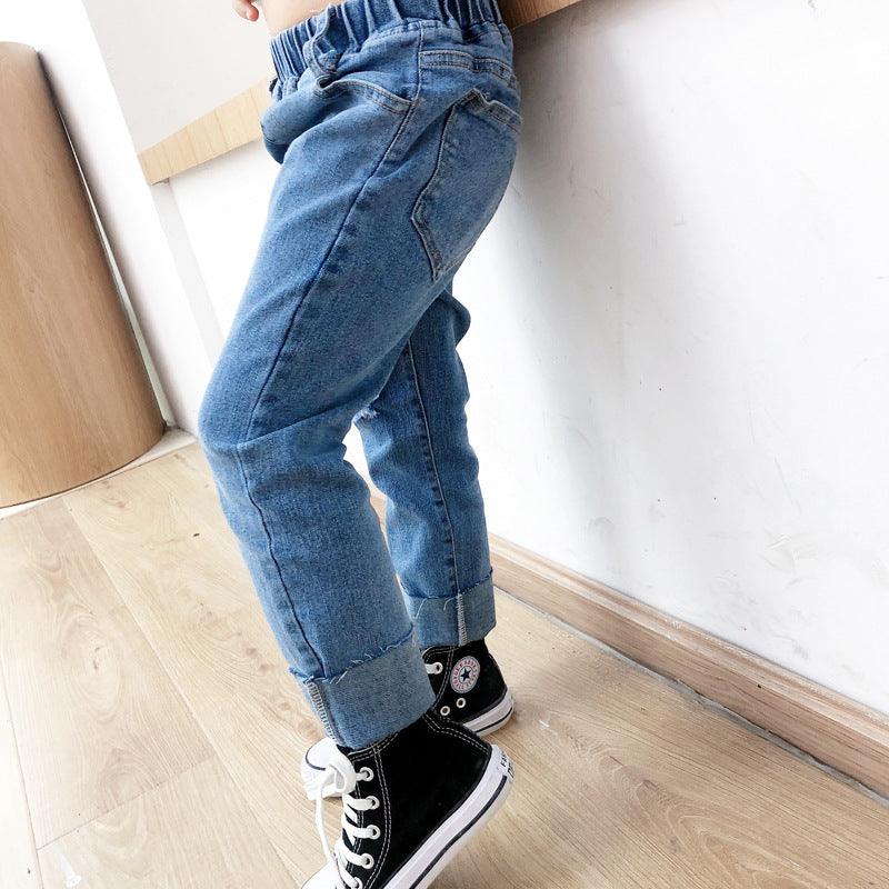 Boys Ripped Jeans Raw Edge Stretch Denim Trousers