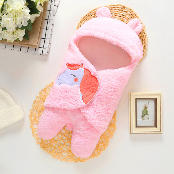 Infant Baby Soft  Winter Style Plush Swaddle Cartoon Quilt Blanket And Feet Gown