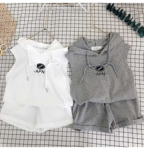 Summer Suit Korean Style Cotton Sleeveless Hooded Shorts Two-Piece Girl Western Style Suit