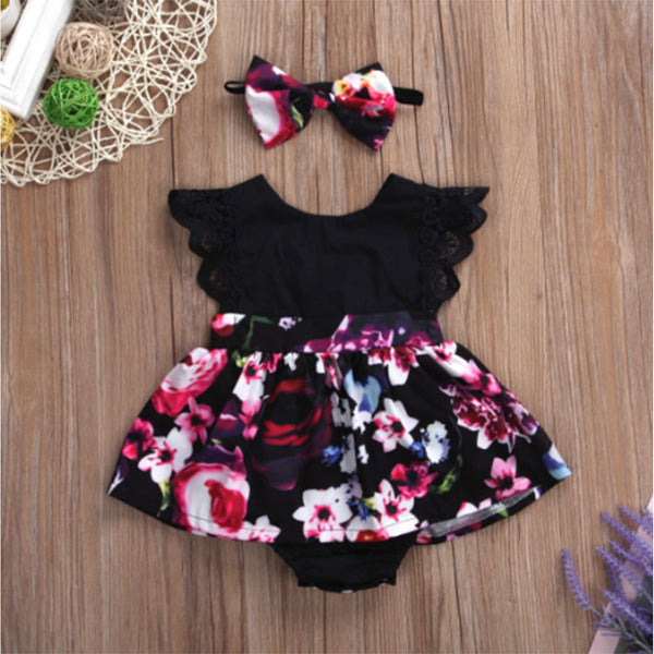 Foreign Trade European Beauty Baby One-Piece Ha Skirt Romper Summer Short-Sleeved New Style Flying Sleeve Flower Children's Print