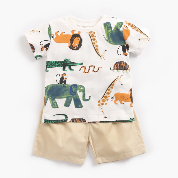 Ropa de bebé, ropa coreana para niños, camiseta de manga corta con estampado Animal, pantalones cortos, conjunto de dos piezas de verano