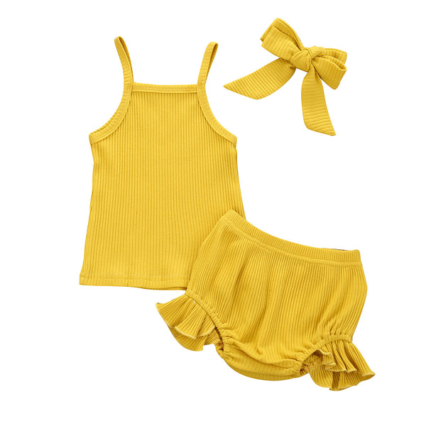 Three-Piece Children's Suit With Solid Color Shorts And Headband