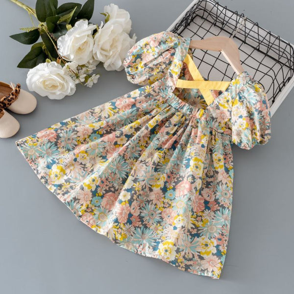 Girls Bubble Short Sleeve Floral Dress