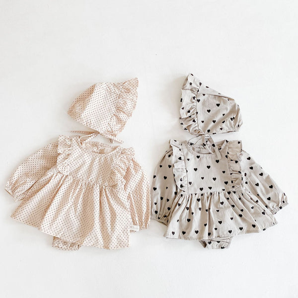 Robe d'amour pour bébé fille, nouveau produit d'automne, barboteuse à manches longues, en coton, vêtements d'escalade une pièce, chapeau gratuit