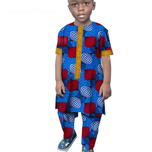 Traje de niño africano, traje de camiseta y pantalón de tela encerada de algodón