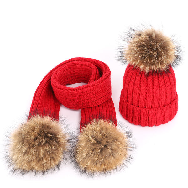 Children's raccoon fur ball hat scarf set