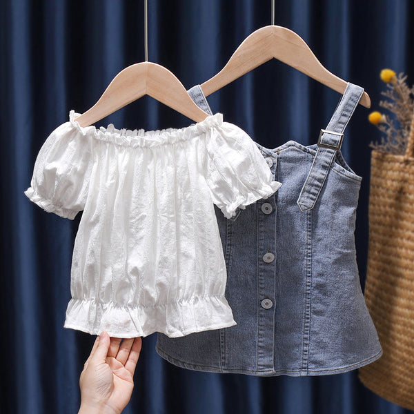 Children''s Summer Denim Strap Skirt Baby Fashion Short Sleeve Two Piece Set