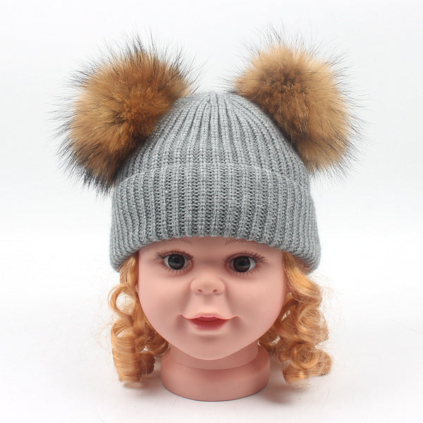 Double boule de cheveux pour enfants, couvre-oreilles chauds, chapeau tricoté, automne et hiver