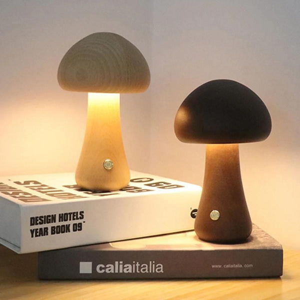 Charming Touch-Control LED Mushroom Night Light - Wooden Bedside Lamp with USB Charging