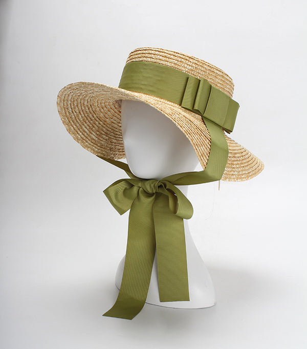 Women's Straw Hat Flat Top Fashion Green Bow Tie