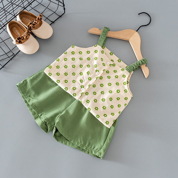 Green Flower Camisole Top And  Shorts Two-piece Suit