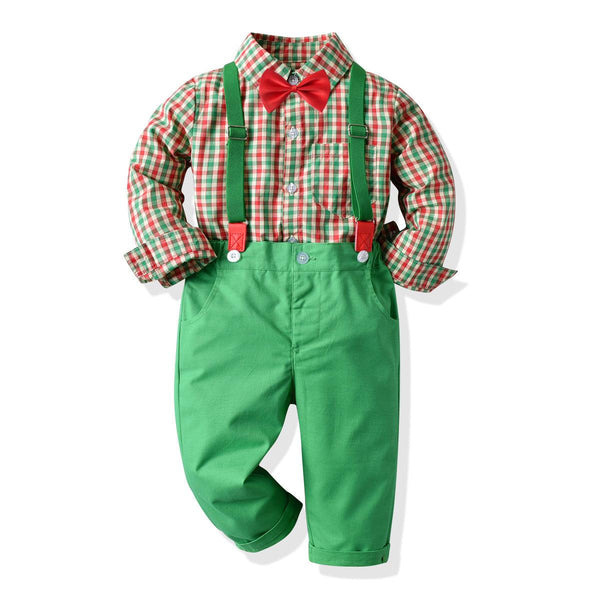 Boy's Long-sleeved Plaid Shirt And Overalls