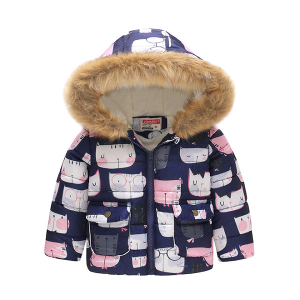 Chaqueta de algodón cálida para niños con capucha estampada para niños y niñas engrosada