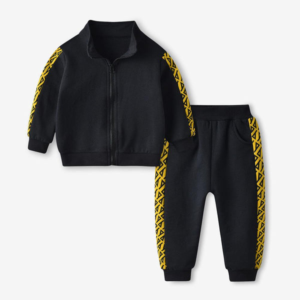 CUHK Ensemble deux pièces pour enfants avec chemise à manches longues et fermeture éclair imprimée, pantalon de sport décontracté, noir