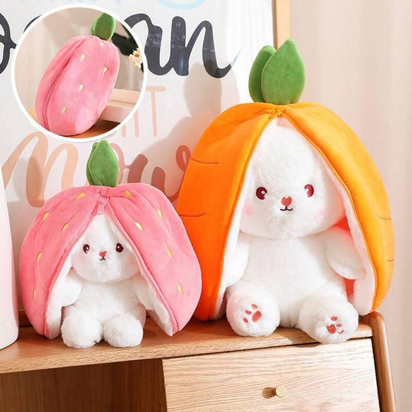 Charming Strawberry Carrot Rabbit Plush Toy - Transformable Fruit to Bunny Stuffed Doll