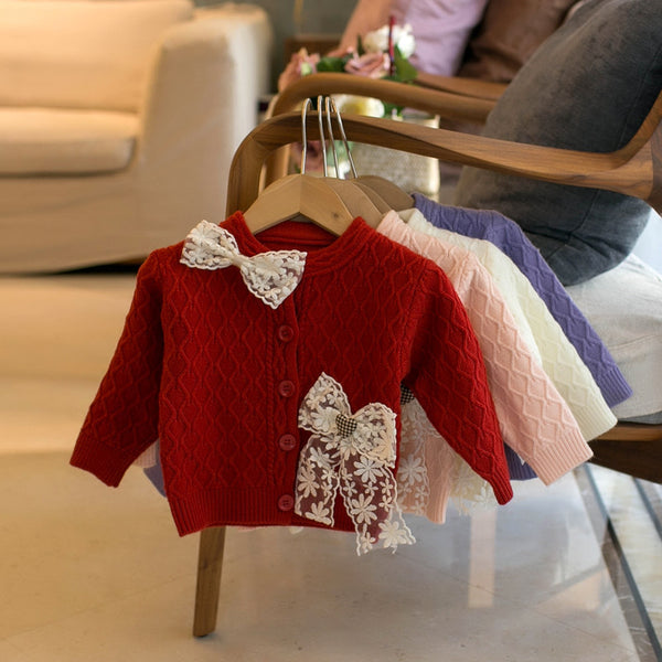 Lace Bow Girls Crew Neck Cardigan