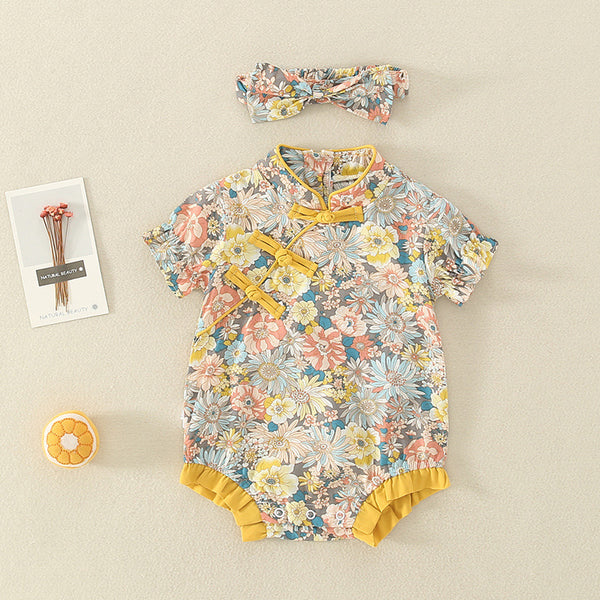 Infant Cheongsam Short-sleeved Jumpsuit Summer Dress New Baby Girl Ethnic Style Floral