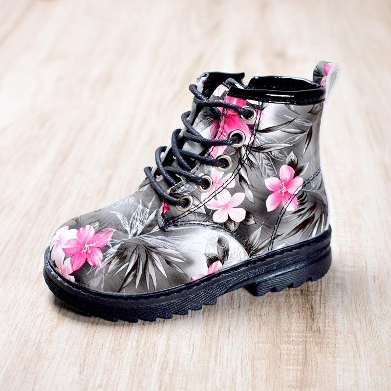 Flower Patterned Leather Boots for Girls - Stylus Kids