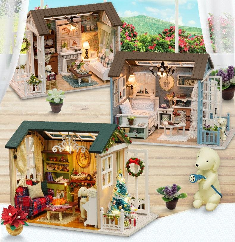 Miniature Three-Colored DIY Doll House with Furniture - Stylus Kids
