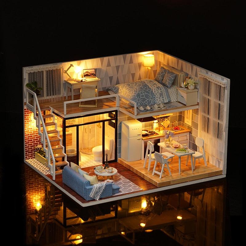Modern Wooden DIY Doll House with LED Light - Stylus Kids