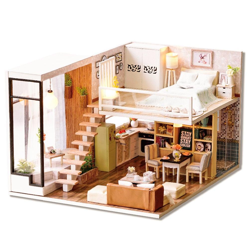 Modern Wooden DIY Doll House with LED Light - Stylus Kids