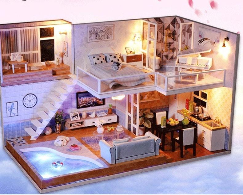 Modern Wooden DIY Doll House with LED Light - Stylus Kids