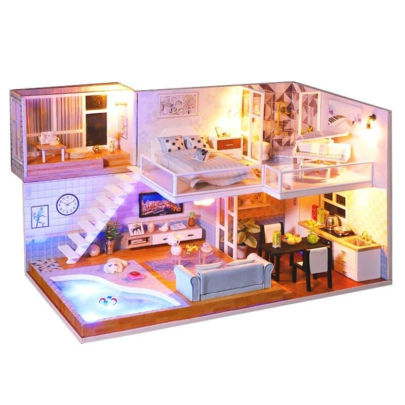 Modern Wooden DIY Doll House with LED Light - Stylus Kids