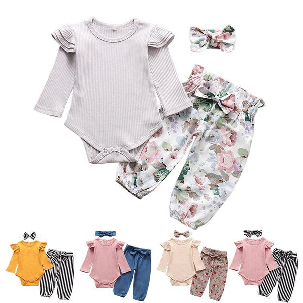 Baby Girls Long Sleeve Romper Pants Hairband Set - Stylus Kids