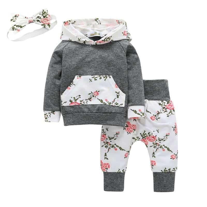 Baby Girl's Floral Hoodie and Pants Set with Headband - Stylus Kids