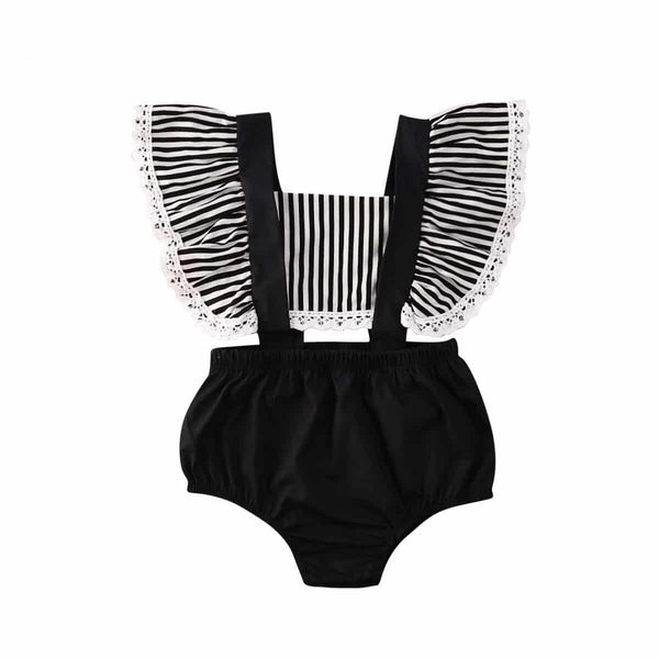 Baby Girl's Black Striped Patchwork Sleeveless Romper - Stylus Kids