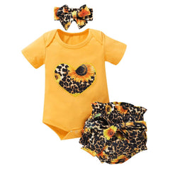 Baby Girl's Leopard / Sunflower Printed Yellow T-Shirt and Tutu Pants with Headband Set - Stylus Kids