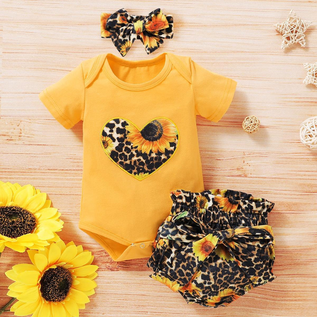 Baby Girl's Leopard / Sunflower Printed Yellow T-Shirt and Tutu Pants with Headband Set - Stylus Kids