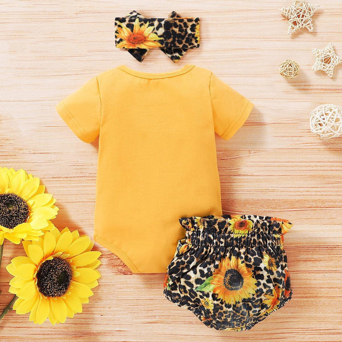 Baby Girl's Leopard / Sunflower Printed Yellow T-Shirt and Tutu Pants with Headband Set - Stylus Kids