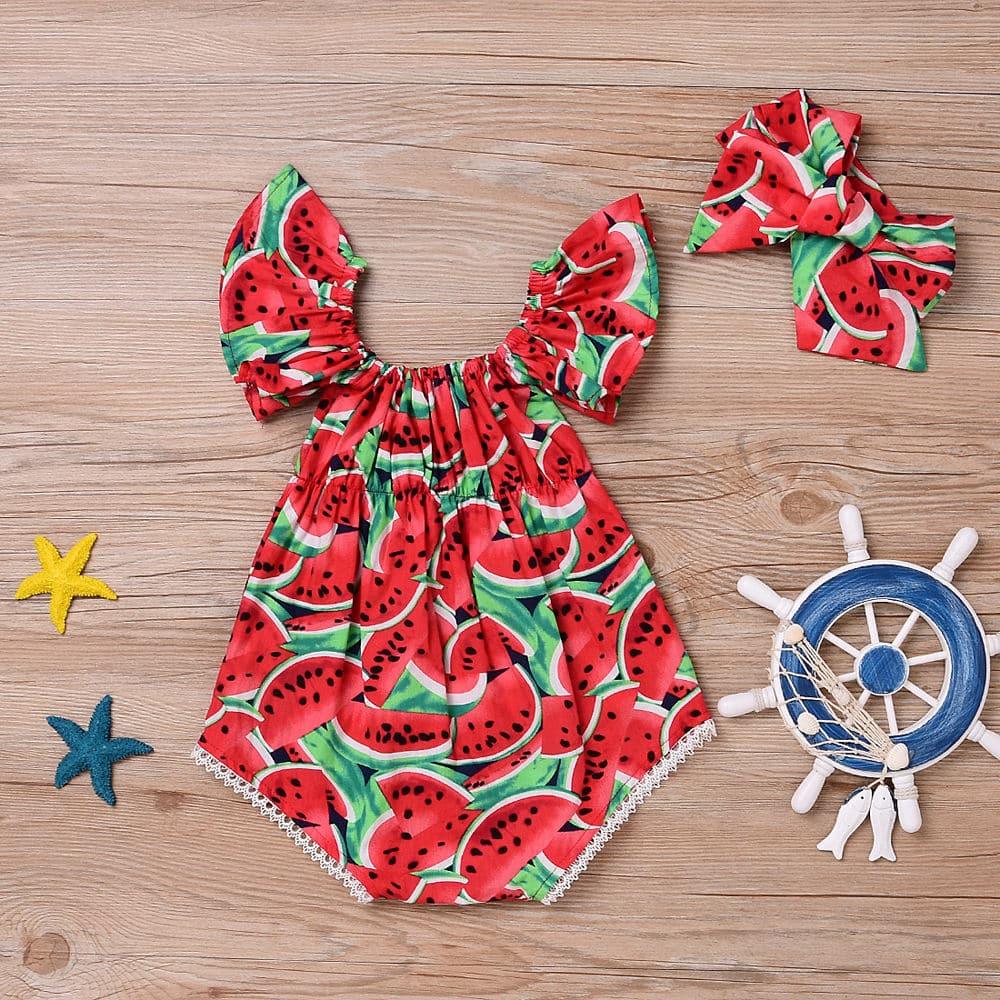 Baby Girl's Watermelon Print Romper and Headband Set - Stylus Kids