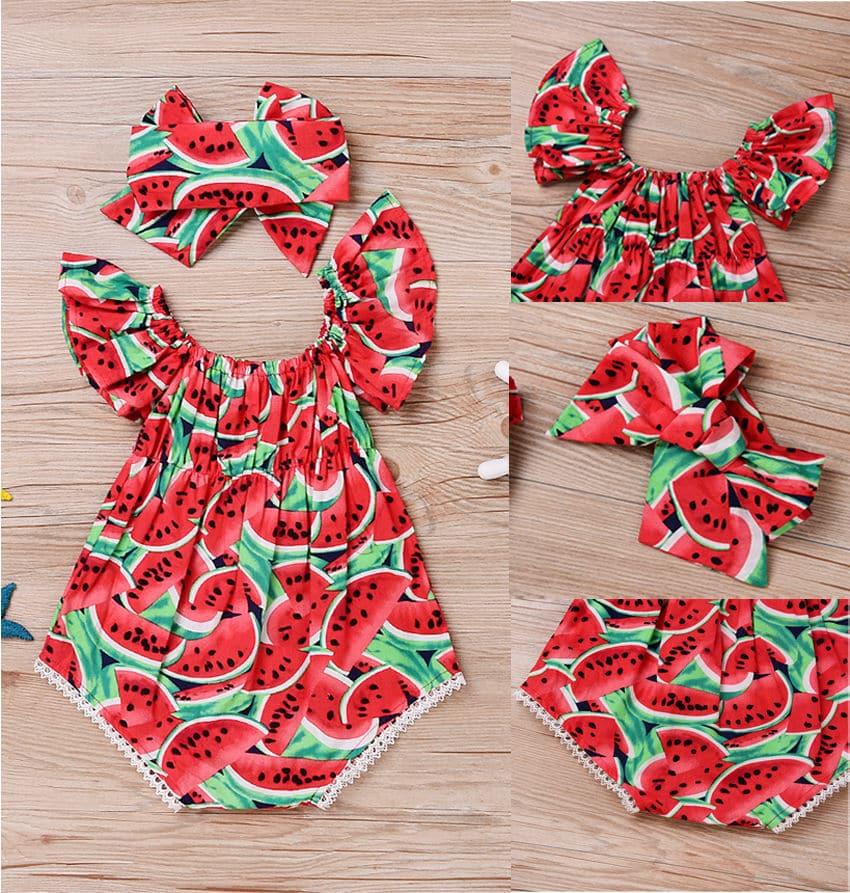 Baby Girl's Watermelon Print Romper and Headband Set - Stylus Kids