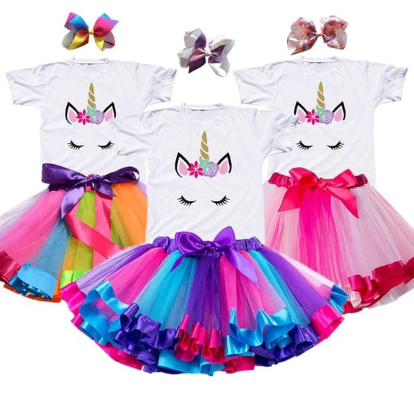 Girls Summer Unicorn Printed Clothing Set with Tutu Dress