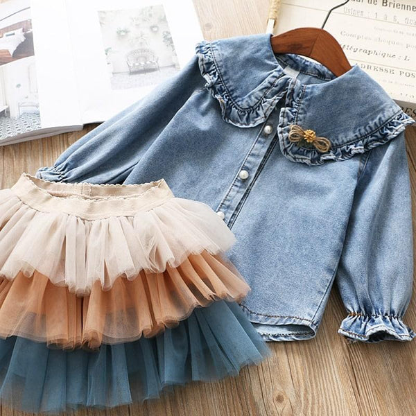 Girl's Denim Shirt and Tutu Skirt Set