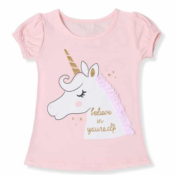 Cute Unicorn Printed Lace Decorated Girl's T-Shirt