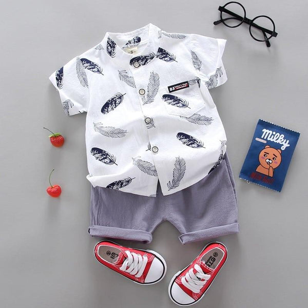 Boy's Feather Print Shirt and Shorts Set