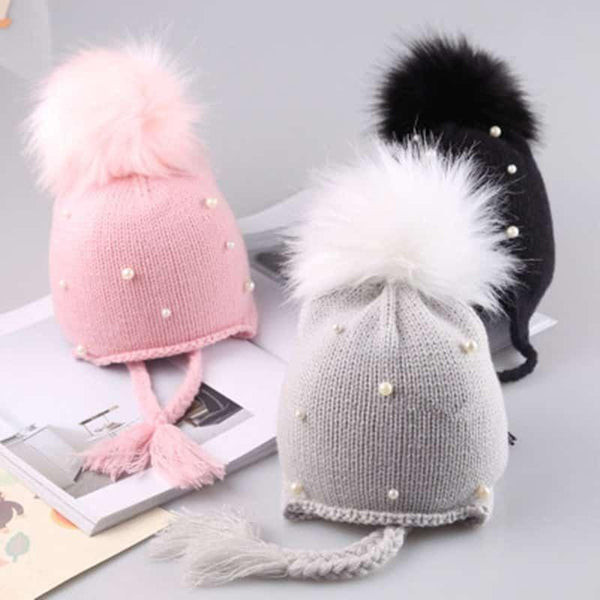 Girls Warm Hat Decorated with Fur Pompom and Pearls