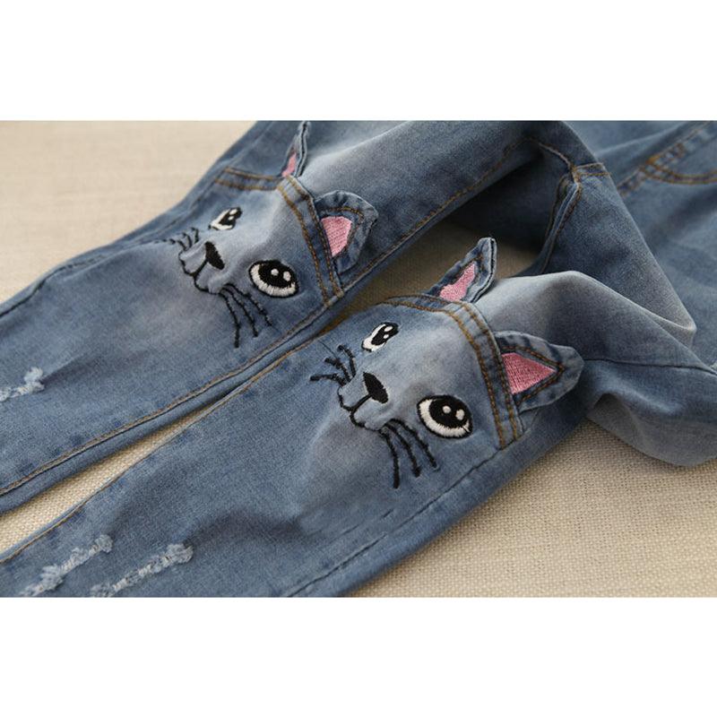 Girls' Cat Printed Jeans with Elastic Waist - Stylus Kids