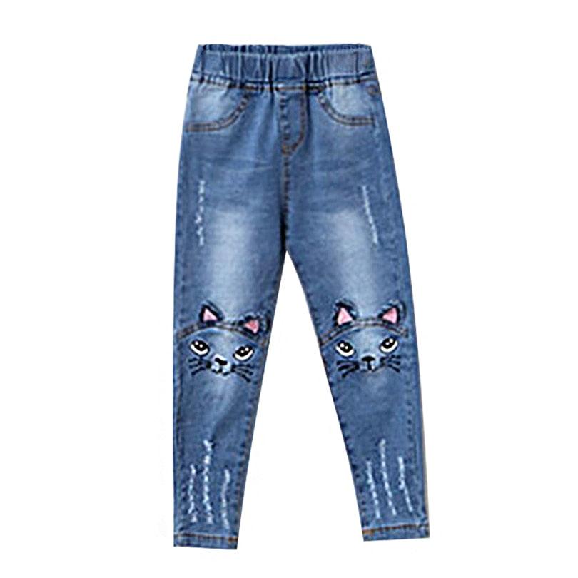 Girls' Cat Printed Jeans with Elastic Waist - Stylus Kids